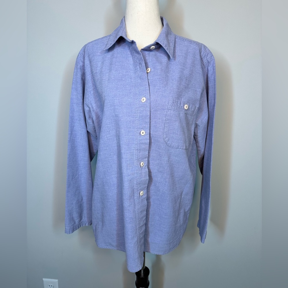 Sz L Woolrich Women’s button down blue long sleeve light flannel shirt collar